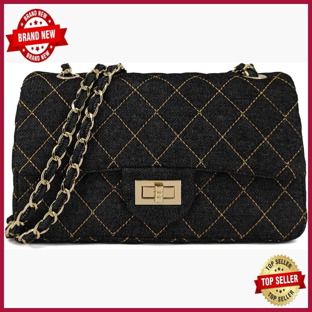 Quilted Denim Crossbody Bag with Chain Strap, Double Flap Purse